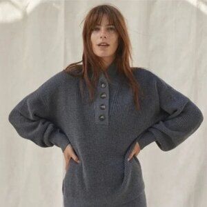 Lunya Good in Bed Waffle Sweater Cotton Silk Henley Onyx Front Button Heavy Knit